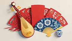 剪纸风中国风传统乐器折扇花瓶元素