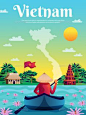 越南海报与彩色的风景地图国旗和本地人在船卡通矢量插图