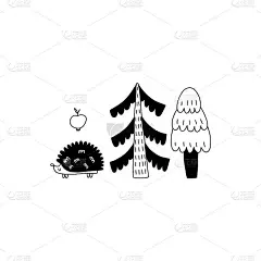 涂鸦刺猬。手绘线斯堪的纳维亚风格黑白打印，可爱的斯堪的纳维亚森林动物，儿童t恤和托儿所设计林地向量孤