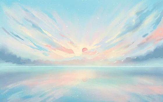 唯美天空插画手绘大海蓝天白云风景背景云朵治愈落日夕阳-花瓣网