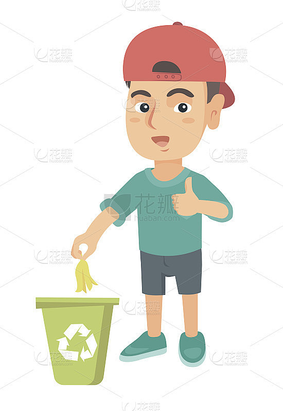 小男孩把香蕉皮扔进垃圾桶