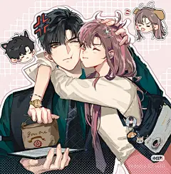 这可能包含：两个人在粉色背景前互相拥抱，背后是动漫人物