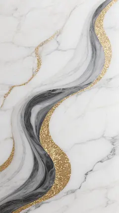 极简主义风格的大理石材质抽象背景，纯净的白色大理石基底，流畅飘逸的深灰色曲线纹理自然流动，点缀奢华的金色闪光纹理和细腻的金色颗粒，整体呈现简约、优雅且富有高级感的视觉效果，色彩对比柔和，营造出宁静而精致的氛围，适合作为现代简约风格的装饰背景。