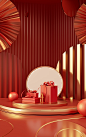 3d illustration scene of red gift bag with red gifts and box, 3d rendering reklama, in the style of light orange and light gold, circular shapes, chuah thean teng, interior scenes, vibrant stage backdrops, oriental, tondo