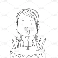 可爱的小女孩开心地笑着，庆祝生日，生日巧克力蛋糕和七根蜡烛前她的手绘漫画插画