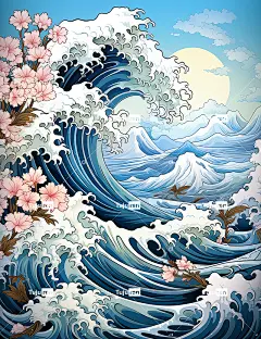 Ai产生的 花朵 樱花 海浪 浮世绘 山 日本 自然 景观