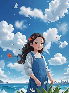 插画蓝天少女白云夏日高清模板免费下载-趣麦麦图