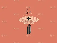手绘矢量抽象股票平面图形插图与品牌标志，天体波西米亚魔术艺术新月，蝴蝶和水晶剪影在简单的风格，波西米