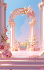 flower arrangement in a pink frame scenery photoshop templates, in the style of classical architecture, octane render, kawaii aesthetic, light cyan and light amber, stage-like environments, 32k uhd, columns and totems