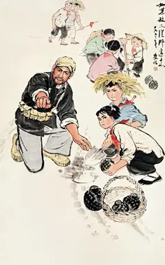 红色年画，老民兵讲抗战的故事，忽报人间曾伏虎，我为革命开铲车