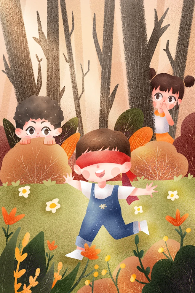 小朋友躲猫猫捉迷藏童年游戏六一儿童节插画