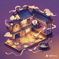 绛紫背景国潮插画，_入伙酒的神秘文化_浮雕金字，青瓦屋檐悬浮云雾中，发光飘带缠绕木酒勺与陶碗，卦象符号地毯，烛光晕染