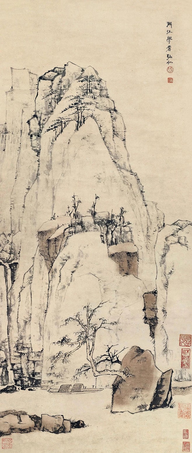 弘仁——无题 山水立轴欣赏 | 清|弘仁(1610-1664)，俗名江韬，字六奇，又名舫，字鸥盟。明亡后于武夷山为僧，字渐江，号梅花古衲。安徽 ...