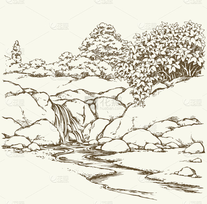 山间溪流。矢量绘图