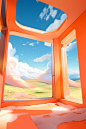 an orange room has two windows that open up into a scene, in the style of detailed skies, whimsical animation, soft landscapes, yanjun cheng, lush landscape backgrounds, distorted perspective, light brown and sky-blue