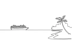 一笔画 | 图源免费EPS文件 |单连续一线艺术海洋旅行度假。海上航行假日热带岛屿轮船游轮之旅概念设计草图轮廓图向量插图