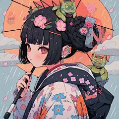 动漫女孩手持雨伞和猫，以适应性艺术家的风格，穿着精美的和服，妖怪学院，虫核心，色彩绚丽的绘画，特写，花朋克