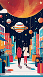 一个空间场景，购物者在火箭中，探索由购物袋和星形折扣组成的星球。