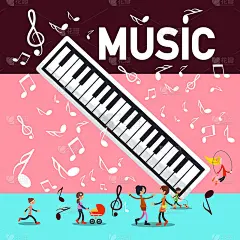 音乐派对背景与钢琴键盘，音符和人