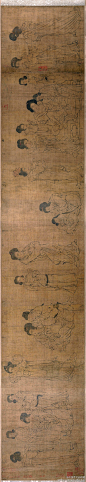 #白描#【 五代 周文矩 《唐宫春晓图》 】卷，绢本，26×146.7cm，美国大都会艺术博物馆藏。《宫女图》之一，此卷为南宋摹本，1947年左右流出海外。现在分为了三段，分藏于大都会博物馆（名唐宫春晓图）、哈佛大学福格博物馆（名宫中图）、克里夫兰美术馆（名仕女图）。作品描绘的是宫中日常生活的场景