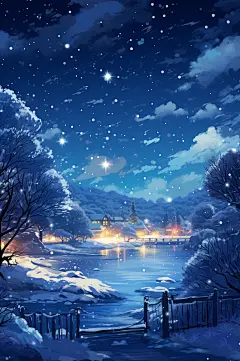 AI数字艺术唯美星空中的梦幻雪景插画-众图网