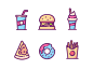 Fast Food pizza junk food filled outline line ux ui icon donut burger fast food