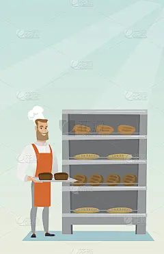快乐的年轻面包师拿着一个装着面包的盘子