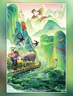 清明清明节牵牛风筝场景插画图片_潮国创意