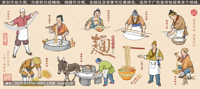 面条 手擀面 抻面 面馆 重庆小面 牛肉面 兰州拉面 面食文化 手绘插画 插图壁画 加工图 传统工艺 包装设计 古代人物 广告店铺宣传