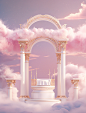 three archetypes in the clouds between pink cloud, in the style of luxurious opulence, classical antiquity, minimalist stage designs, 32k uhd, ornate architectural elements, miss aniela, poured