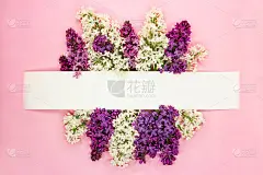 有漂亮的花边的节日邀请或贺卡。紫罗兰和白色紫丁香花在浅粉红色的背景。副本的空间。