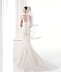 Pronovias Fashion 2015 系列结婚礼服：这款精美的鱼尾结婚礼服采用蕾丝上身、裙摆和拖尾。上身采用 V 领和露背设计。#婚纱2015# #pronovias婚纱# #优雅时尚新娘# @成都上锦婚纱定制