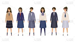 一组来自日本高中和中学的学生。矢量插图的女孩在不同的颜色制服。