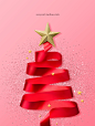 圣诞节红色绸带丝带圣诞树状_分层PSD文件：