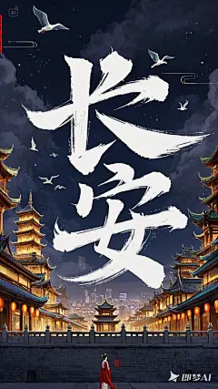 字体设计，创意字体设计，插画设计，文字“长安”   包含陕西元素   大雁塔 不夜城
