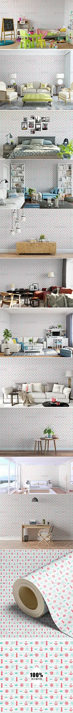 地中海灯塔船锚客厅卧室壁纸墙纸图案17