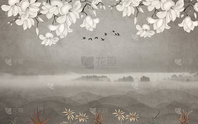 3d花卉壁画壁纸与浅简单的背景。花、草、...