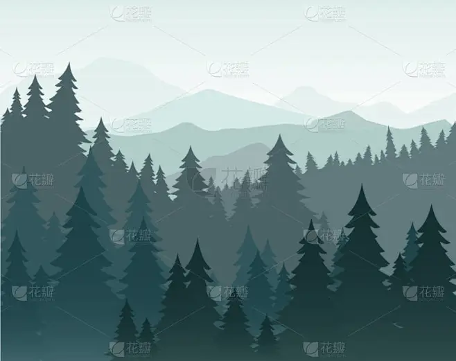 松树林和山地矢量背景的矢量图解。雾景中的针叶林、冷杉剪影和山脉.图片_设计元素-图片图片素材-花瓣网