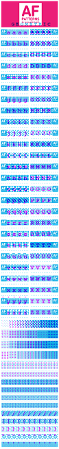 AF Patterns-Geometric, 2011

这款图案字体以几何图形为基础，集合了102个图案字符，如使用巧妙可获得不错的视觉效果。只需重复某个字母即可获得底纹，文件体积小，非常方便快捷。
关于字号与行距：设定行距为字号的90％，即可获得无缝四方连图案。
字库制作：aifont.com by canfei
设计时间：2011年