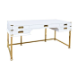 Polished Brass & Lacquered Campaign Desk  USA  1960s  Stunning high gloss white lacquered desk set on 6 (six) high polished brass legs with connecting cross bar. Recessed campaign brass drawer pulls on all 5 drawers complimented with brass adornments 