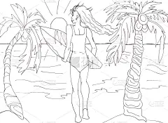 手绘夏季插画苗条的女孩与冲浪板。大纲。