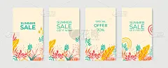 夏日社交媒体故事贴出以花卉为背景的系列。夏季销售横幅与热带树叶背景，花设计的社交媒体帖子，横幅，传单