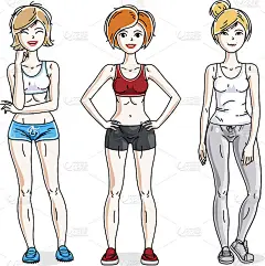 快乐的年轻女性穿着时尚的运动服，女运动员和健身的人。矢量集美丽的人插图。生活方式主题fem角色。