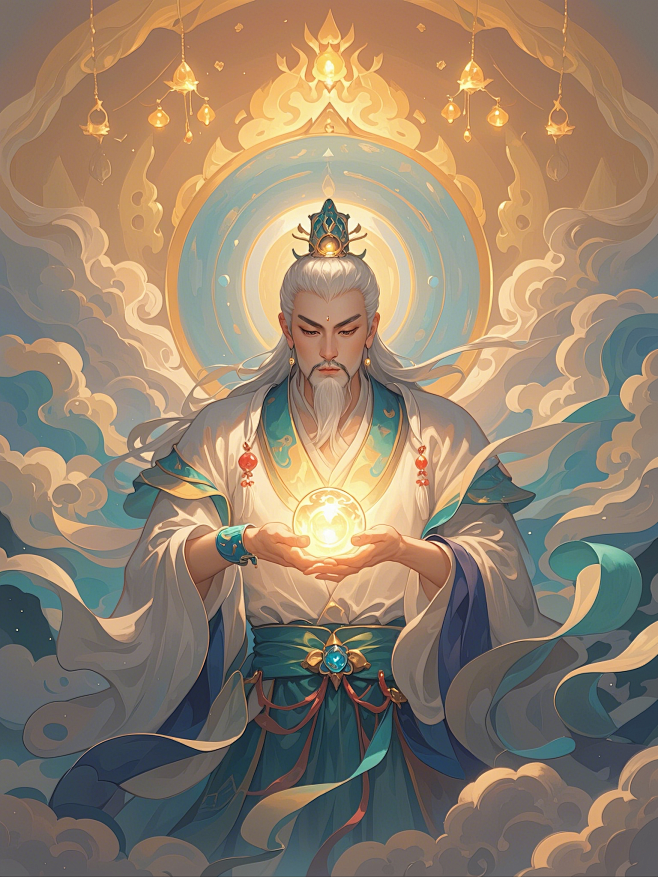 仙侠风格，一个位居神位的仙人，手上拿着一颗宝珠，身后云雾缭绕