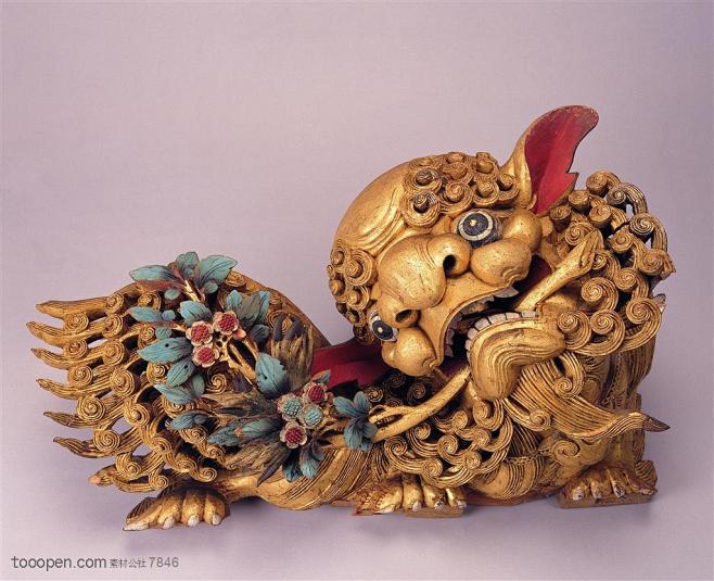 文物工艺品-麒麟木雕左边侧面特写中华传统...