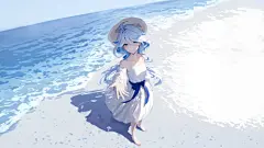芙宁娜 海边 4K 壁纸 动漫 女孩 白色连衣裙 蓝色长发 4K壁纸_壁纸下载 - 壁纸汇