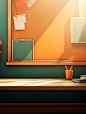 teacher's desk on the wooden table in the corner of the classroom c4d 3d, in the style of light orange and dark emerald, hard edge painting, uhd image, solarization, atey ghailan, asymmetrical framing, light pink and amber