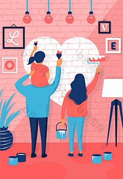 卡通有爱的一家人粉刷装饰房子爱心浪漫插画图片模版