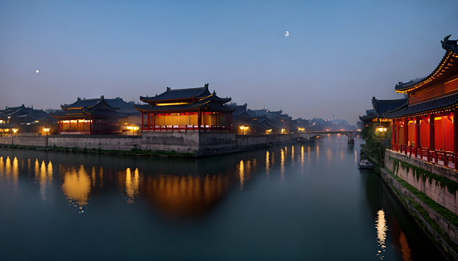 河边古建筑黄昏万家灯火3