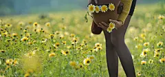 女孩，花，包包，黑色丝袜，美腿，花海，草地，唯美美女壁纸